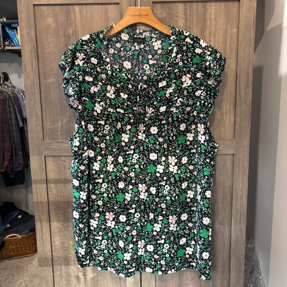 Talbots Plus 3X Shell Top Sleeveless Ruffle‎ Trim Black Green Floral Pleated